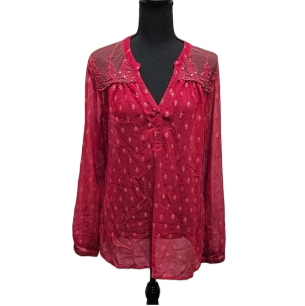 Bila Sheer V-neck Beaded Mesh Shoulder Maroon Pullover Blouse Size L